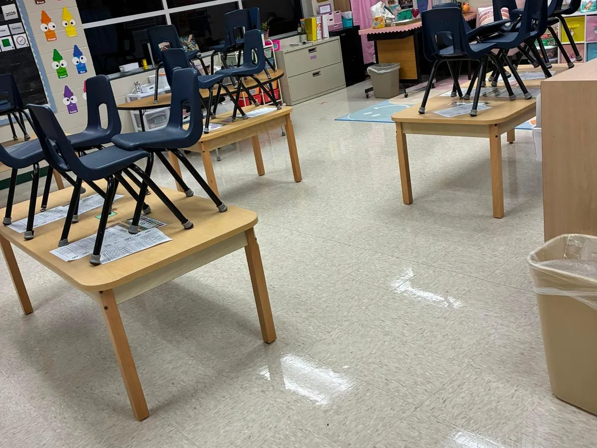 Classroom cleaned with chairs up and floors shining