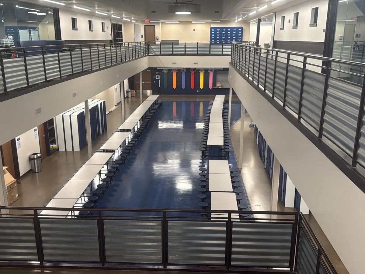 Waxed and buffed floors in a school common area