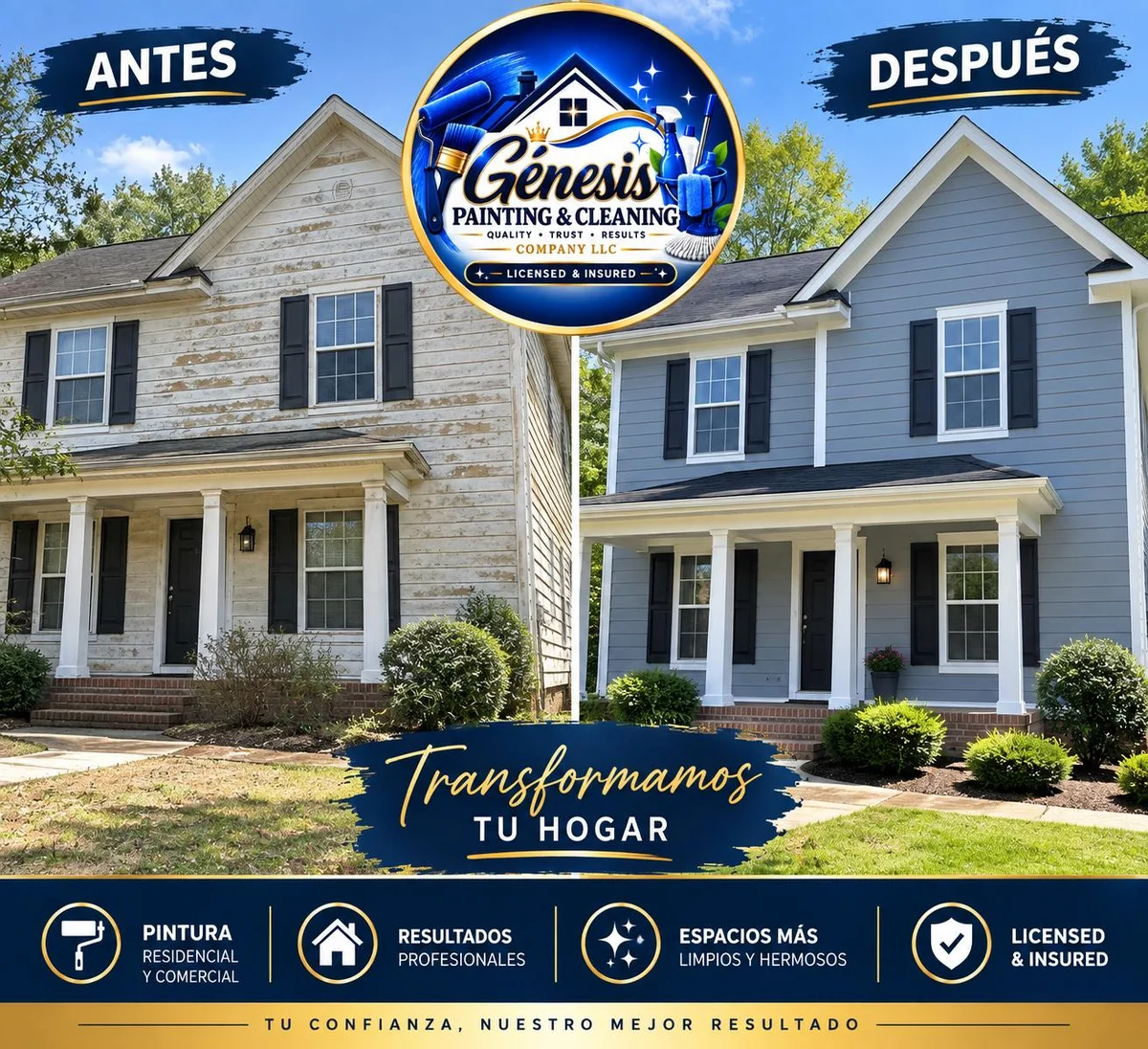 House exterior before and after, weathered siding to a fresh blue repaint