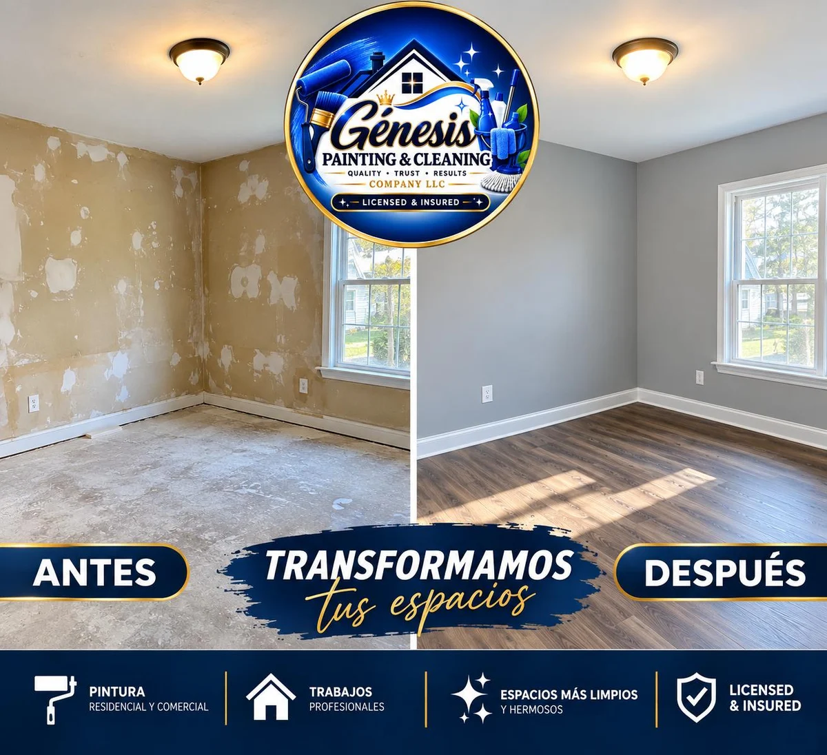 Room before and after, patched walls to a finished painted room